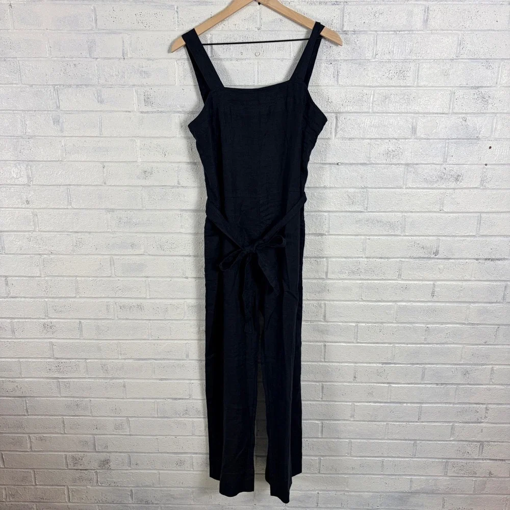 Quince Linen Jumpsuit Womens S Black Wide Leg Square Neck Sleeveless Belted